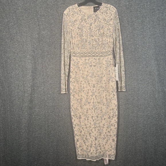 Mac Duggal Beaded Illusion Sleeve Floral Porcelain Dress Size 6 Midi 10812 - Picture 1 of 16